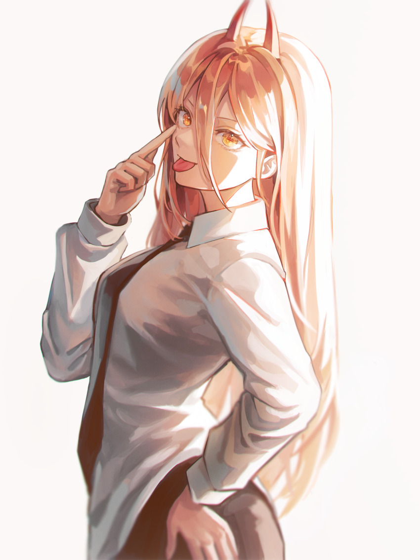 1girl absurdres black_necktie black_pants blonde_hair chainsaw_man demon_girl demon_horns hair_between_eyes hand_on_own_hip highres horns kkuduck_illust long_hair long_hair_between_eyes long_sleeves looking_at_viewer necktie pants power_(chainsaw_man) red_horns shirt solo tongue tongue_out white_shirt yellow_eyes