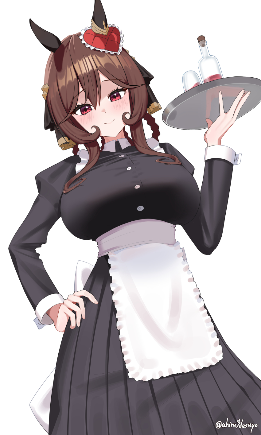 1girl absurdres ahiru3desuyo alternate_costume animal_ears apron black_dress blush bottle braid braided_hair_rings breasts brown_hair closed_mouth commentary_request cowboy_shot dress ear_covers ear_ornament enmaided from_below gentildonna_(umamusume) hair_rings hand_on_own_hip highres holding holding_tray horse_ears horse_girl horse_tail large_breasts long_hair long_sleeves looking_at_viewer maid maid_apron maid_headdress signature simple_background smile solo tail tray umamusume white_background