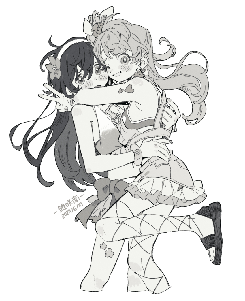 2girls bikini blush cropped_legs dated earrings fingernails fishnet_thighhighs fishnets flower greyscale grin hair_flower hair_ornament hairband heart heart_earrings highres hug jewelry long_hair looking_at_viewer love_live! love_live!_school_idol_project minami_kotori minamip monochrome multiple_girls natsuiro_egao_de_1_2_jump! one_eye_closed one_side_up sandals simple_background smile sonoda_umi standing swimsuit thighhighs v white_background yuri