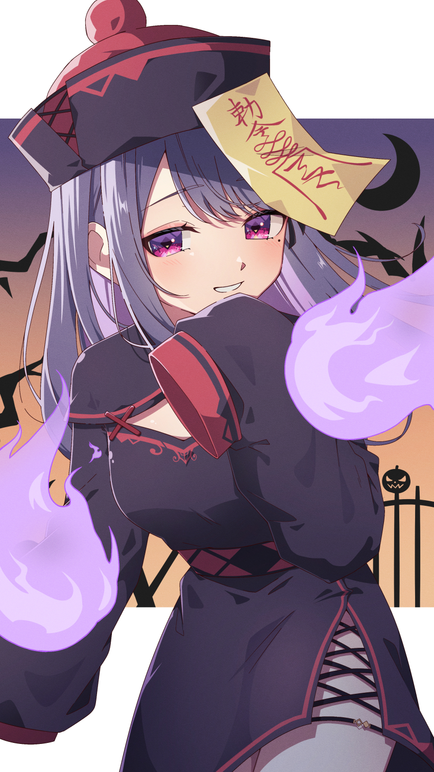 1girl absurdres akashi_(4kc_27) alternate_costume bat_(animal) black_dress chinese_clothes colored_inner_hair crescent_moon cross-laced_slit diamond-shaped_pupils diamond_(shape) dress grey_hair grin halloween halloween_costume hat highres hitodama jiangshi koshimizu_toru long_hair long_sleeves looking_at_viewer mole mole_under_eye moon multicolored_hair nijisanji ofuda parted_lips purple_eyes qingdai_guanmao red_hat red_sash sash shrug_(clothing) side_slit sleeves_past_fingers sleeves_past_wrists smile solo swept_bangs symbol-shaped_pupils virtual_youtuber