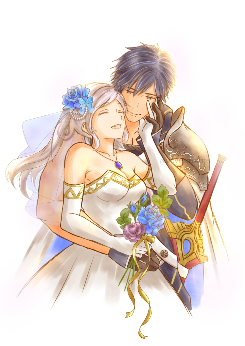 1boy 1girl alternate_costume armor bare_shoulders blue_eyes blue_hair bouquet brand_of_the_exalt breasts bridal_veil cape chrom_(fire_emblem) cleavage closed_eyes collarbone curled_fingers dress elbow_gloves eyelashes falchion_(fire_emblem) female_robin_(fire_emblem) fire_emblem fire_emblem_awakening flower gloves hand_on_another&#039;s_cheek hand_on_another&#039;s_face hand_up happy highres husband_and_wife intelligent_systems jewelry leaning_on_person long_hair medium_breasts moverabbit0305 necklace no_bra open_mouth short_hair shoulder_armor sidelocks smile standing strapless strapless_dress swept_bangs toned toned_male twintails upper_body veil wedding wedding_dress white_cape white_gloves white_hair yellow_eyes