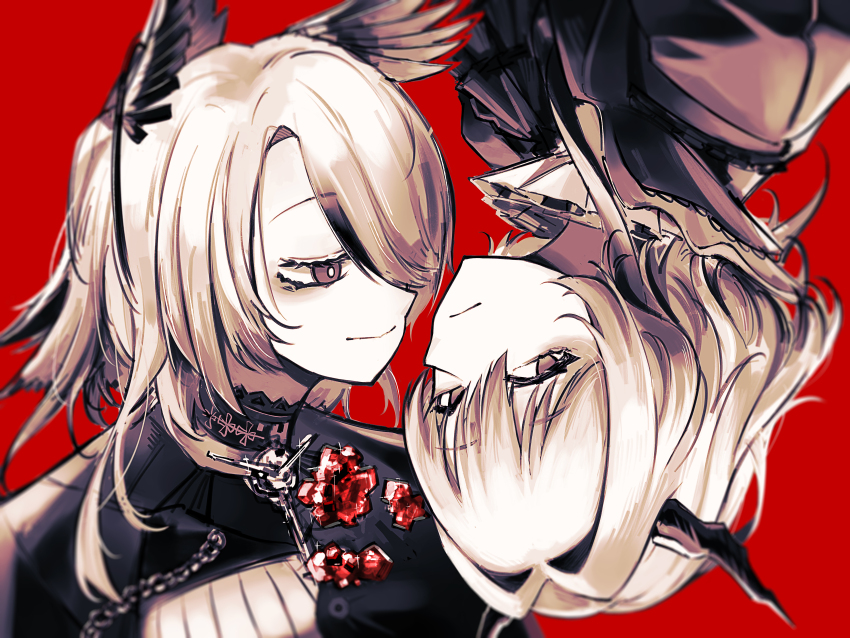 2girls absurdres animal_ears arknights ascot bird_ears black_ascot black_choker black_dress choker closed_mouth dragon_girl dragon_horns dress feather_hair grey_eyes grey_hair hair_between_eyes hair_intakes hair_over_one_eye highres horns jacket jewelry koshelna_(arknights) lewenxijian looking_at_another looking_at_viewer multiple_girls one_eye_covered portrait red_background short_hair simple_background smile talulah_(arknights)