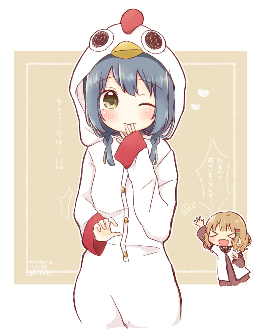 &gt;_&lt; 2girls :d ^^^ absurdres animal_hood artist_name blonde_hair blue_hair blush border buttons chibi chicken_costume closed_eyes closed_mouth cosplay cropped_legs dress fang furutani_himawari green_eyes hair_ornament hairclip hand_up heart highres hood hood_up kigurumi layered_sleeves long_sleeves looking_at_viewer low_twintails medium_hair monippe965 multiple_girls nanamori_school_uniform oomuro_sakurako open_mouth outside_border red_dress red_wrist_cuffs sailor_collar sailor_shirt school_uniform shirt short_over_long_sleeves short_sleeves simple_background skin_fang sleeves_past_wrists smile speech_bubble translation_request twintails waving wavy_mouth white_border white_shirt wrist_cuffs xd yellow_background yuruyuri