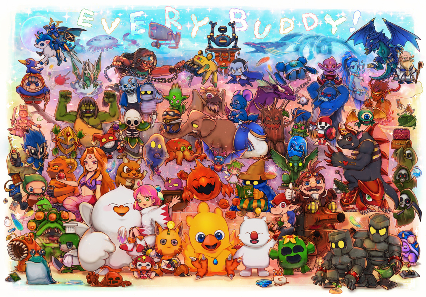 bahamut_(final_fantasy) black_mage_(final_fantasy) breasts chocobo closed_mouth commentary_request final_fantasy final_fantasy_fables ifrit_(final_fantasy) leviathan_(final_fantasy) looking_at_viewer monster moogle multiple_boys multiple_girls ramuh scythe shirma shiva_(final_fantasy) short_hair tokinohiyoko weapon white_mage_(final_fantasy)