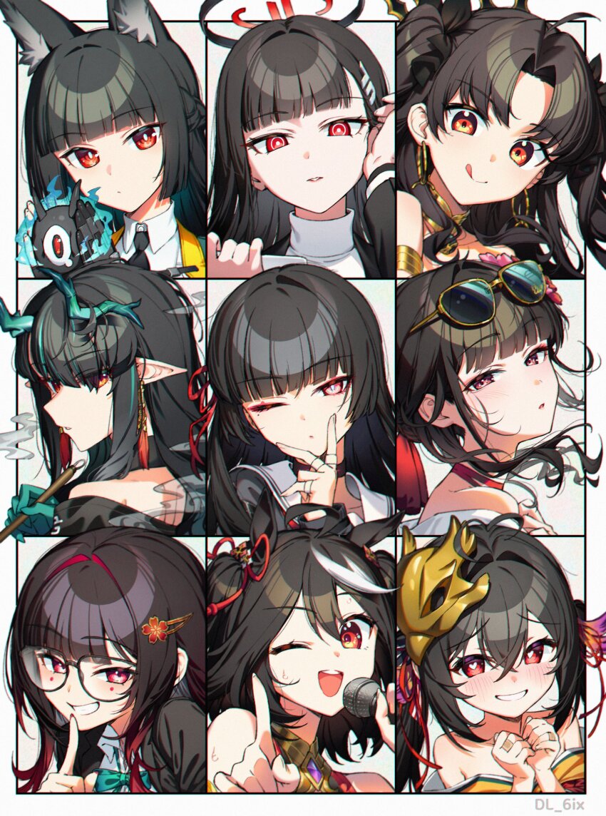 6+girls :q absurdres animal_ear_fluff animal_ears arknights azur_lane bare_shoulders bespectacled black_hair blue_archive blunt_bangs blush chisa_(wuthering_waves) circle_facial_mark closed_mouth color_connection commentary dl_(dl_6ix) dragon_ears dragon_girl dusk_(arknights) english_commentary eye_color_connection eyewear_on_head fate/grand_order fate_(series) fox_ears fox_girl glasses goddess_of_victory:_nikke green_horns grin hair_color_connection hair_ornament hairpin halo hand_up highres holding holding_microphone honkai:_star_rail honkai_(series) horns horse_ears hoshimi_miyabi ishtar_(fate) kitasan_black_(umamusume) looking_at_viewer mark_under_both_eyes microphone multicolored_hair multiple_drawing_challenge multiple_girls one_eye_closed open_mouth parted_bangs parted_lips pointy_ears red_eyes rio_(blue_archive) sailor_collar sakura_(bloom_in_summer)_(nikke) sakura_(nikke) sidelocks smile sparkle_(honkai:_star_rail) sparkle_(school_uniform)_(honkai:_star_rail) streaked_hair sunglasses sweat taihou-chan_(azur_lane) tailless_(zenless_zone_zero) tongue tongue_out umamusume white_sailor_collar wuthering_waves zenless_zone_zero