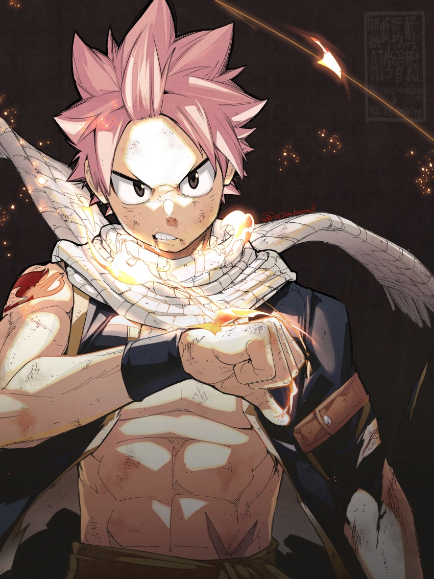 1boy abs brown_background cowboy_shot fairy_tail highres male_focus natsu_dragneel no_shirt pink_hair scarf short_hair simple_background solo takeuchi_(a3) upper_body white_scarf
