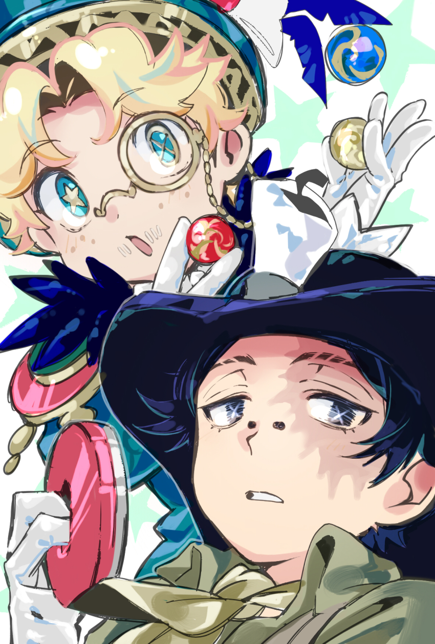 2boys ascot ball black_eyes blue_eyes bright_pupils burn_scar candle freckles gloves hat highres holding holding_ball identity_v ieiieiiei magnet male_focus mike_morton monocle mr._swifts_(identity_v) multiple_boys norton_campbell official_alternate_costume open_mouth parted_lips scar short_hair simple_background star-shaped_pupils star_(symbol) star_symbol_background symbol-shaped_pupils white_gloves white_pupils yellow_pupils