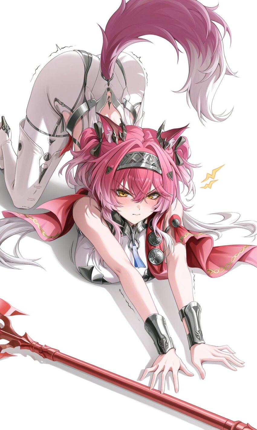 1girl all_fours angry animal_ears ass bare_shoulders blush bodysuit boots breast_press breasts hair_ornament hairband hairclip kiyoshi9977 large_breasts long_hair looking_at_viewer lupa_(wuthering_waves) orange_eyes pink_hair polearm skin_tight solo spear tail thigh_boots top-down_bottom-up twintails very_long_hair weapon white_hair wuthering_waves