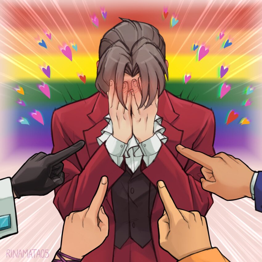 2girls 3boys ace_attorney ascot black_gloves blush brown_hair commentary covering_face embarrassed emphasis_lines english_commentary fingernails flag_background formal_clothes franziska_von_karma gloves heart heart_background highres jacket karina_mata larry_butz lgbt_pride long_sleeves male_focus maya_fey miles_edgeworth motion_blur multiple_boys multiple_girls out_of_frame parody_request phoenix_wright pointing pointing_at_another pov pov_hands rainbow_flag shame short_hair solo_focus suit upper_body white_ascot
