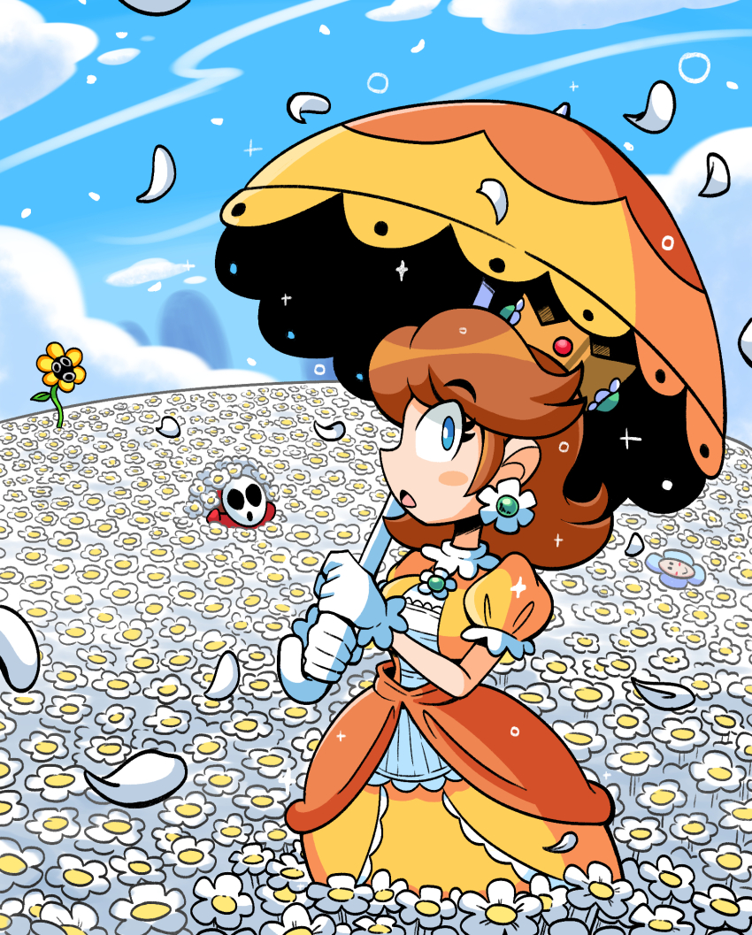crown daisy dress earrings flipped_hair flower flower_brooch flower_earrings frilled_gloves frills gloves highres hollow_eyes hollow_mouth jewelry kevin_arthur mario_(series) nintendo orange_dress parasol petals princess princess_daisy shy_guy sphere_earrings umbrella