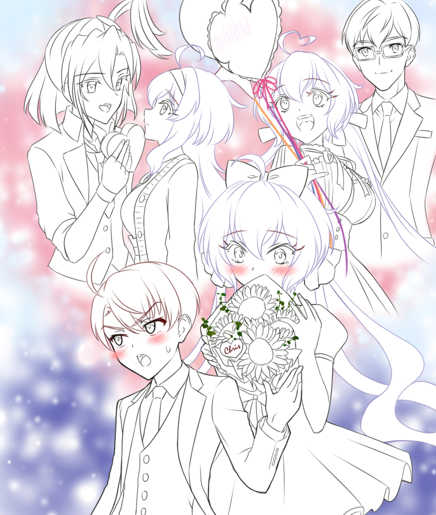 axia-chan balloon blush bow breasts brown_hair business_suit cleavage fingerless_gloves flower formal_clothes glasses gloves hair_ornament headband heart_balloon highres jacket_rolled_up kazanari_tsubasa_(another) large_breasts leopold_(symphogear) long_hair medium_breasts multiple_girls necktie ogawa_shinji_(symphogear) open_mouth ponytail ribbon senki_zesshou_symphogear senki_zesshou_symphogear_xd_unlimited short_hair smile suit sunflower sweater thighhighs unfinished white_day yukine_chris yukine_chris_(another) yukine_christina