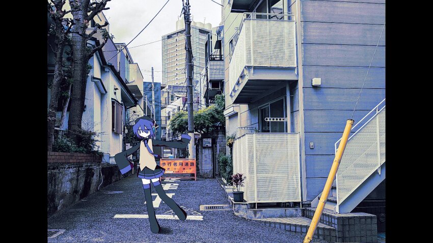 1girl black_boots black_shirt boots brown_vest building city closed_mouth collared_shirt day expressionless highres jitome kajuu_(maimai_maimaa) long_sleeves necktie outstretched_arms overcast photo_background pillarboxed power_lines purple_eyes purple_hair purple_necktie rem_(utau) road robot_ears shibuya_(tokyo) shirt short_hair sky sleeves_past_wrists solo spread_arms standing standing_on_one_leg thigh_boots tokyo_(city) utane_uta utau utility_pole vest wide_shot yoyogi