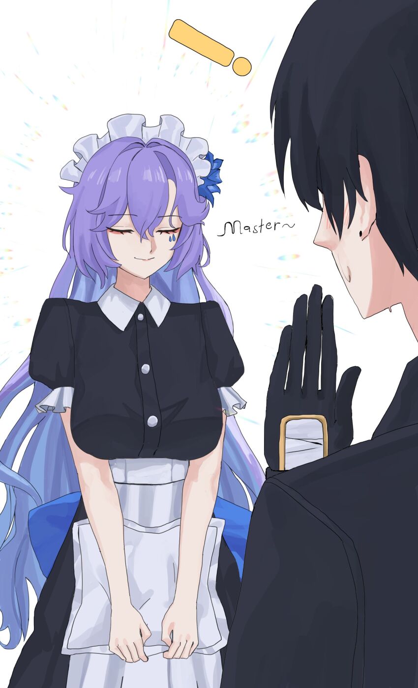 ! 1boy 1girl absurdres alternate_costume black_dress black_gloves black_hair blue_flower breasts cantarella_(wuthering_waves) closed_eyes closed_mouth commentary dress english_text enmaided facial_mark facing_another flower gloves hair_between_eyes hair_flower hair_ornament hand_up hashtag-only_commentary headdress highres large_breasts long_hair maid male_rover_(wuthering_waves) mark_under_eye purple_hair rover_(wuthering_waves) smile very_long_hair wuthering_waves yonyanyon