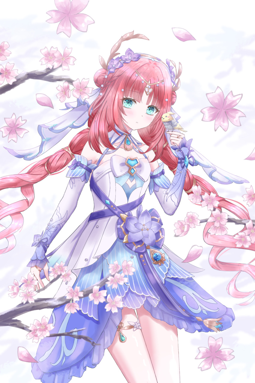 1girl akaneuta_chitose aqua_eyes bare_shoulders bird bird_on_hand blue_dress blue_gemstone blue_sleeves blush cherry_blossoms circlet collarbone commentary detached_sleeves double_bun dress flower gem genshin_impact gradient_sleeves hair_bun hair_flower hair_ornament hand_up highres hydro_symbol_(genshin_impact) long_hair looking_at_viewer multicolored_dress nilou_(breeze_of_sabaa)_(genshin_impact) nilou_(genshin_impact) official_alternate_costume parted_bangs purple_flower purple_ribbon red_hair ribbon sleeveless sleeveless_dress solo teardrop-shaped_gem very_long_hair vision_(genshin_impact) white_dress