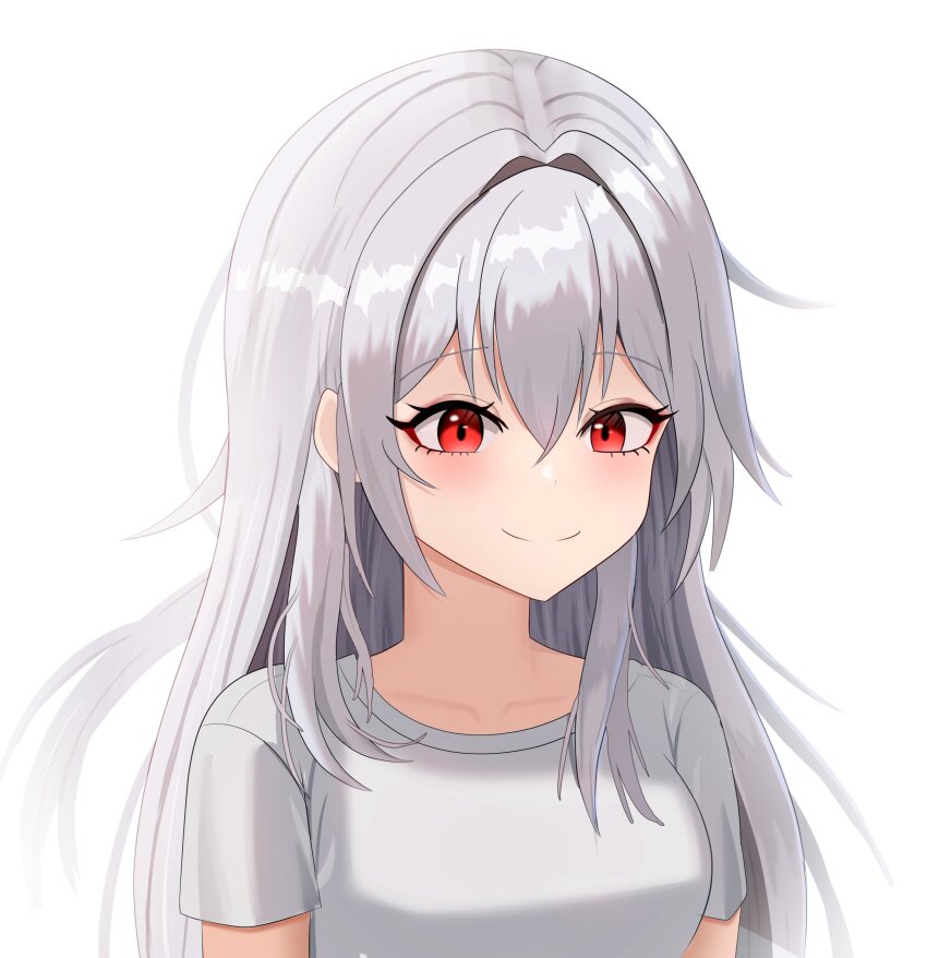 1girl absurdres blush breasts highres long_hair looking_at_viewer original portrait red_eyes self-upload shirt smile solo t-shirt upper_body white_background white_shirt yissou_art