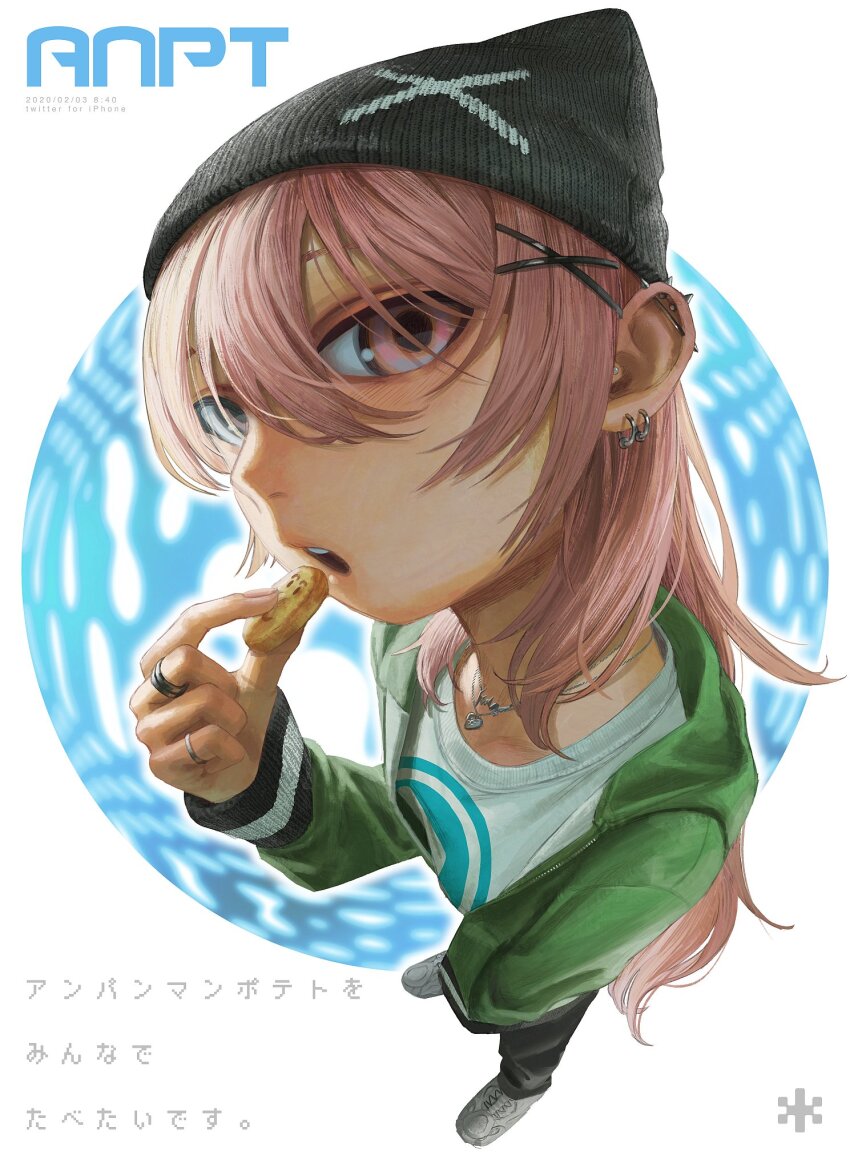 1girl barbell_piercing beanie commentary_request cookie ear_piercing fisheye food from_above hair_ornament hat highres hood hoodie industrial_piercing jewelry kanikumi_toi long_hair looking_at_viewer necklace open_mouth original piercing pink_eyes pink_hair ring shirt shoes sneakers solo x_hair_ornament