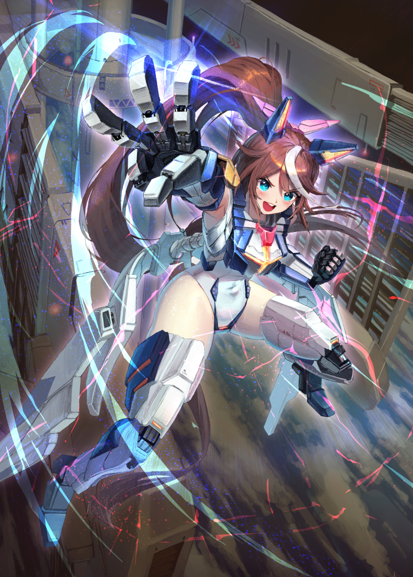 1girl absurdres alternate_costume blue_eyes blush brown_hair full_body highres horse_girl leotard long_hair looking_at_viewer mecha mechanical_arms mechanical_ears mechanical_hands mechanical_legs multicolored_hair open_mouth ponytail robot science_fiction solo streaked_hair teeth tokai_teio_(umamusume) tsujiya_okuyasu two-tone_hair umamusume upper_teeth_only very_long_hair white_hair