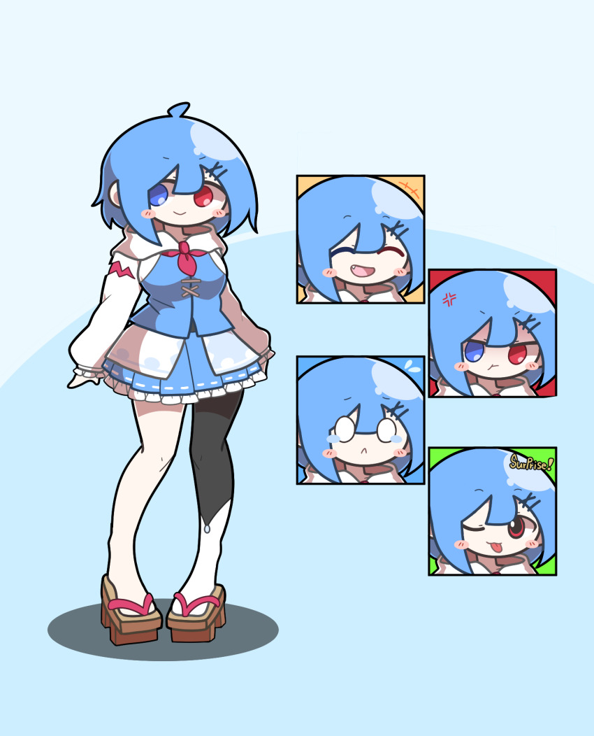 1girl :&lt; :t ;p ^_^ adapted_costume anger_vein baek_ban blue_eyes blue_jacket blue_skirt blush_stickers breasts closed_eyes closed_mouth commentary multiple_expressions fang frilled_skirt frilled_sleeves frills full_body geta hair_ornament hairclip heterochromia highres hood hood_down hooded_jacket jacket lace lace-trimmed_skirt lace_trim long_sleeves medium_breasts medium_hair miniskirt o_o one_eye_closed open_mouth pleated_skirt raglan_sleeves red_eyes single_leg_pantyhose skirt smile tatara_kogasa tearing_up tongue tongue_out touhou v-shaped_eyebrows x_hair_ornament