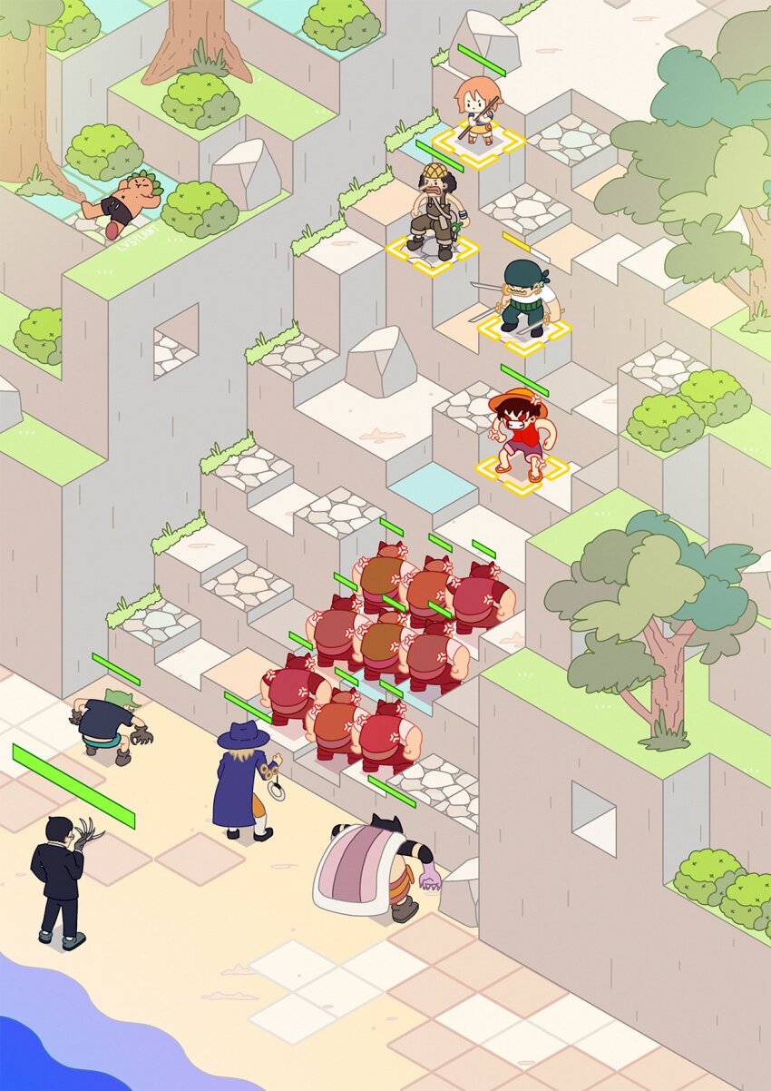 1girl 6+boys anger_vein brown_overalls buchi_(one_piece) captain_kuro chibi clenched_teeth commentary cowboy_hat fingernails gameplay_mechanics gloves haramaki hat health_bar highres holding holding_staff isometric jango_(one_piece) long_fingernails long_nose lv5plant monkey_d._luffy multiple_boys nami_(one_piece) nami_(one_piece)_(east_blue) one_piece overalls people roronoa_zoro sham_(one_piece) staff straw_hat teeth tree usopp