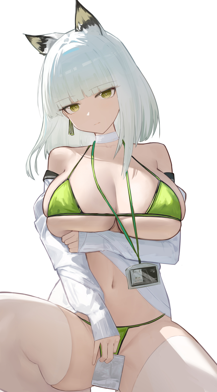 1girl absurdres alternate_breast_size_(larger) alternate_costume animal_ear_fluff animal_ears arknights badge bare_shoulders bikini breasts cat_ears cat_girl chinese_commentary choker ciexbiet cleavage closed_mouth commentary_request feet_out_of_frame green_bikini green_eyes highres huge_breasts kal&#039;tsit_(arknights) long_hair long_sidelocks long_sleeves looking_at_viewer micro_bikini navel open_clothes open_shirt shirt shirt_partially_removed sidelocks simple_background solo stomach swimsuit thighhighs white_background white_choker white_hair white_shirt white_thighhighs