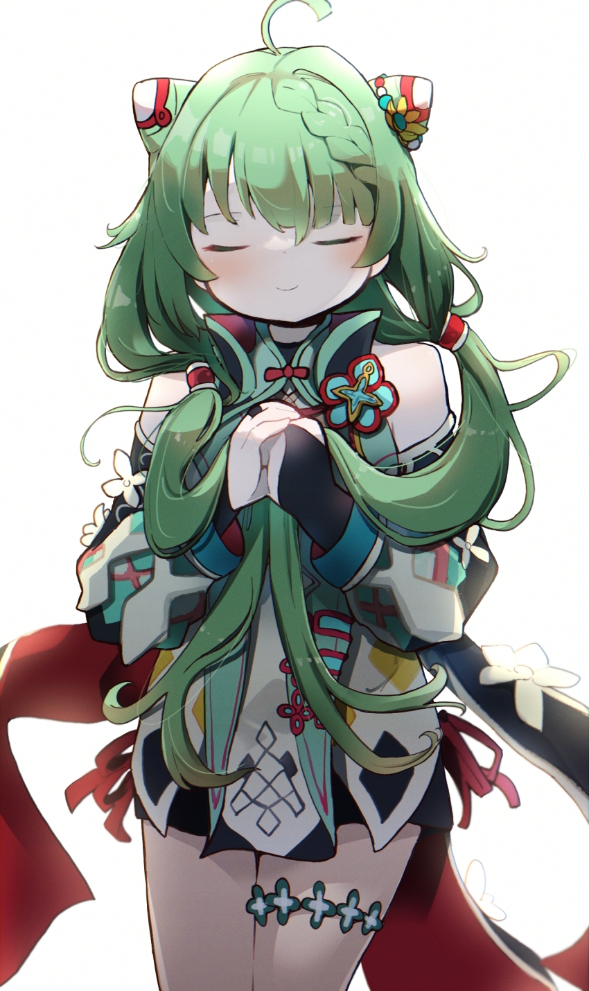 1girl ahoge blush braid braided_bangs bridal_gauntlets closed_eyes closed_mouth collared_dress cone_hair_bun cowboy_shot detached_sleeves double_bun dress green_eyes green_hair hair_bun hands_on_own_chest hands_up heruka_(madoka_magica) highres kashi_neko layered_dress long_hair magia_record:_mahou_shoujo_madoka_magica_gaiden mahou_shoujo_madoka_magica multicolored_dress own_hands_together short_dress side_up_bun simple_background sleeveless sleeveless_dress smile solo twintails white_background