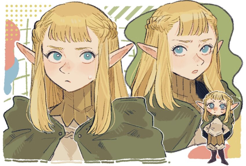 1girl baggy_pants blonde_hair blue_eyes blunt_bangs boots braid brown_footwear chibi chibi_inset cloak commentary dungeon_meshi elf gorget green_cloak hacci_kari half_up_braid high_collar hood hooded_cloak light_frown long_hair pants parted_lips pattadol pointy_ears sidelocks simple_background sweatdrop symbol-only_commentary thigh_boots tunic upper_body white_pants white_tunic