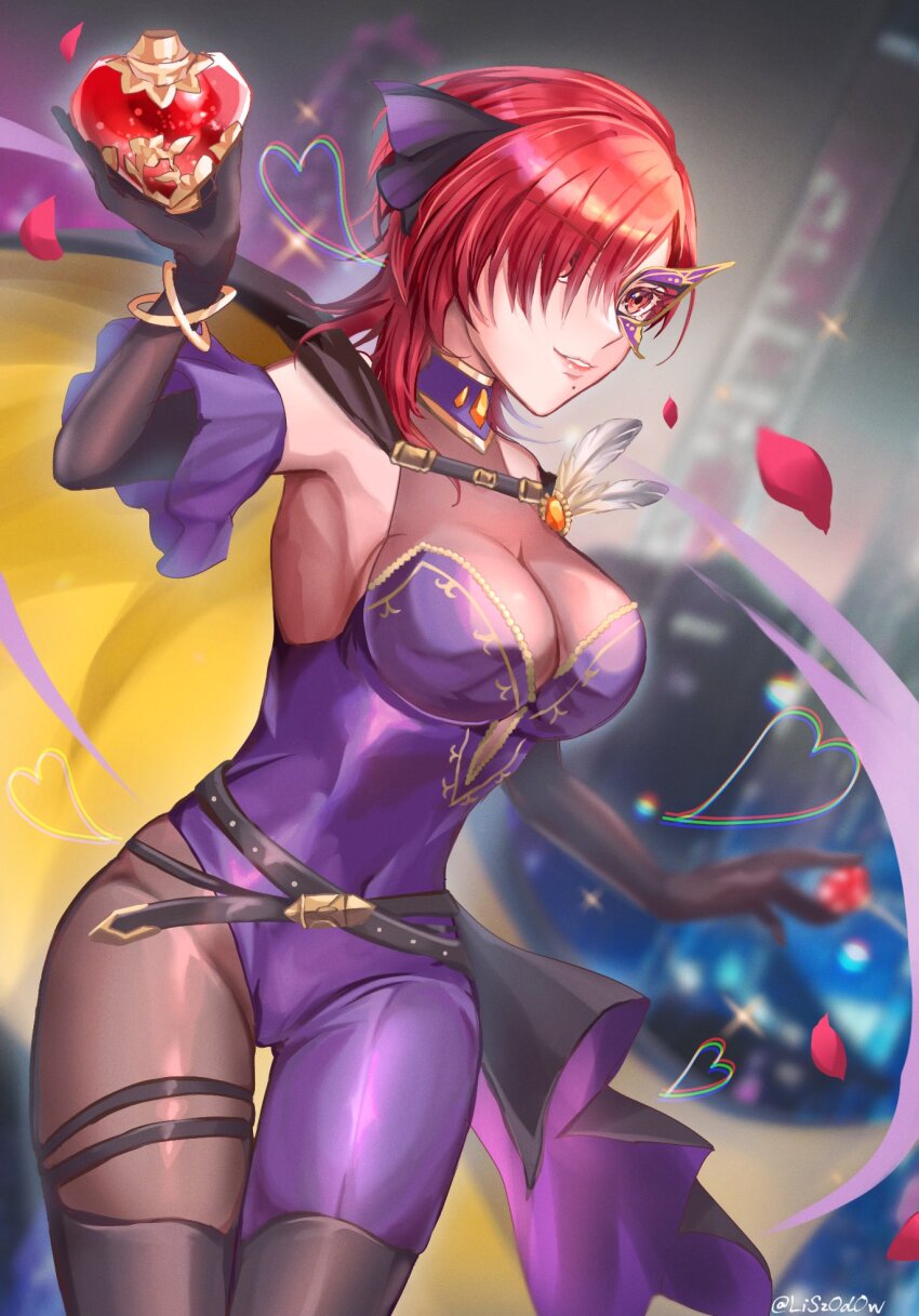 1girl belt blurry bodysuit boots bottle bracelet breasts cape depth_of_field elbow_gloves fire_emblem fire_emblem:_the_blazing_blade fire_emblem_heroes gloves hair_ornament hair_over_one_eye half_mask highres holding jewelry large_breasts leila_(fire_emblem) leila_(thief)_(fire_emblem) mask mole mole_under_mouth nintendo official_alternate_costume perfume_bottle red_eyes red_hair short_hair skin_tight smile solo thigh_boots thighhighs youhei_choregi