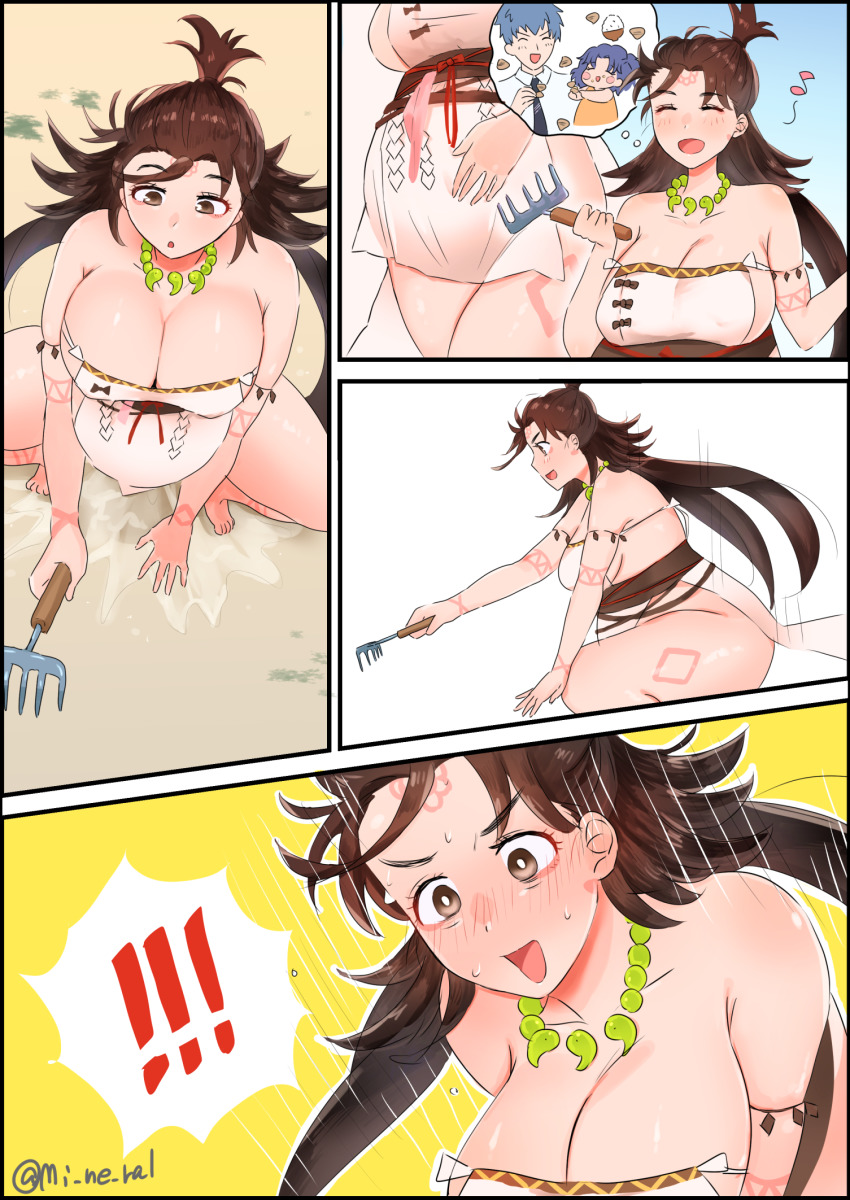 ! !! 1girl @mi_ne_ral breasts brown_hair fate/grand_order fate_(series) gardening giving_birth highres himiko_(fate) himiko_(first_ascension)_(fate) imminent_birth jewelry large_breasts long_hair magatama magatama_necklace necklace panels pregnant rake speech_bubble tagme thought_bubble very_long_hair water_break