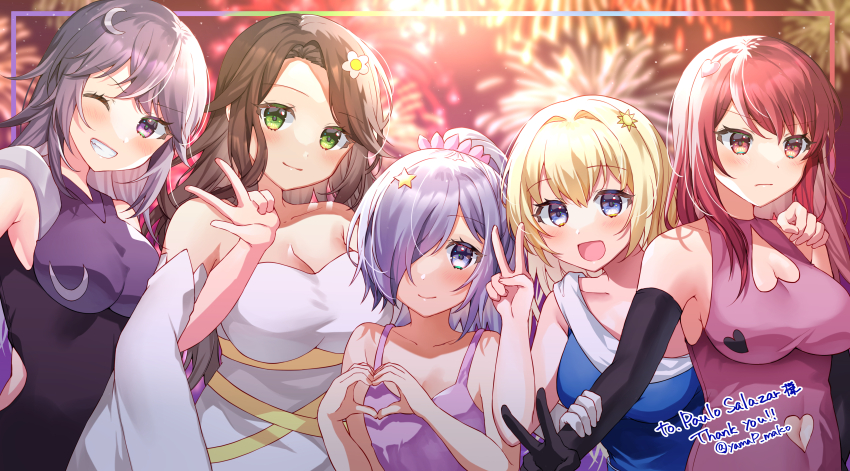 5girls absurdres bare_shoulders black_gloves blonde_hair blue_eyes blush breasts brown_hair cleavage_cutout closed_mouth clothing_cutout commentary_request commission commissioner_name crescent crescent_hair_ornament elbow_gloves fireworks gloves green_eyes hair_between_eyes hair_ornament hair_over_one_eye hand_on_own_hip heart_cutout highres large_breasts long_hair looking_at_viewer multiple_girls night night_sky one_eye_closed open_mouth original outdoors ponytail purple_eyes purple_hair purple_shirt purple_tank_top red_eyes red_hair shirt skeb_commission sky sleeveless sleeveless_shirt star_(symbol) star_hair_ornament tank_top teeth thank_you twitter_username w yam_(yamap_mako)