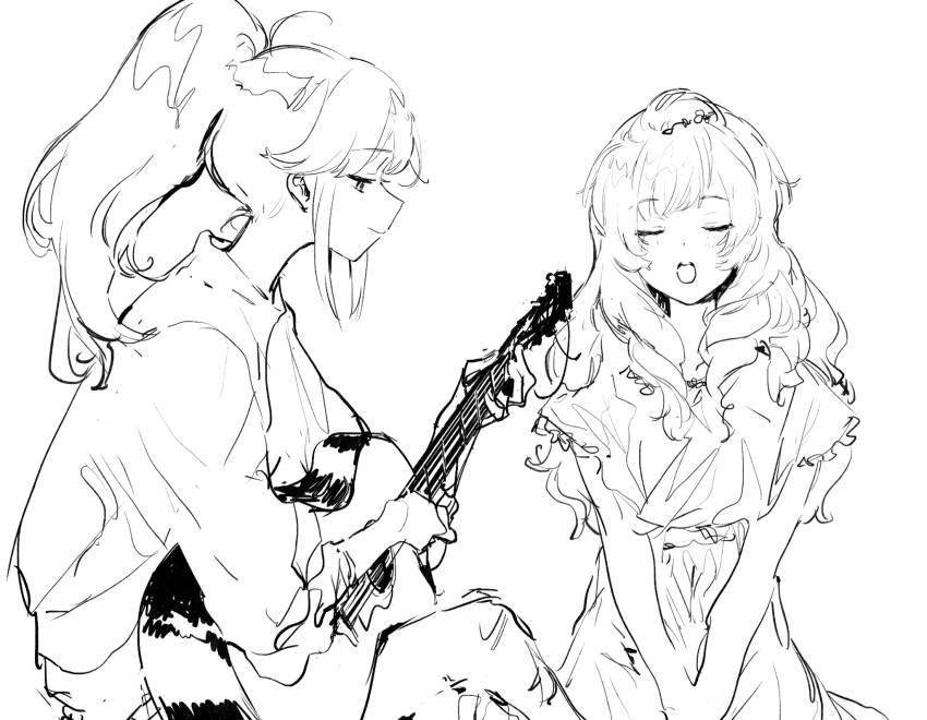 2girls aikatsu! aikatsu!_(series) bad_id bad_twitter_id character_request check_character closed_eyes dress greyscale guitar highres himesato_maria holding holding_guitar holding_instrument inactive_account instrument long_hair monochrome multiple_girls music open_mouth otoshiro_seira playing_guitar playing_instrument ponytail profile shirt simple_background singing sitting smile standing suiso_(owp) white_background