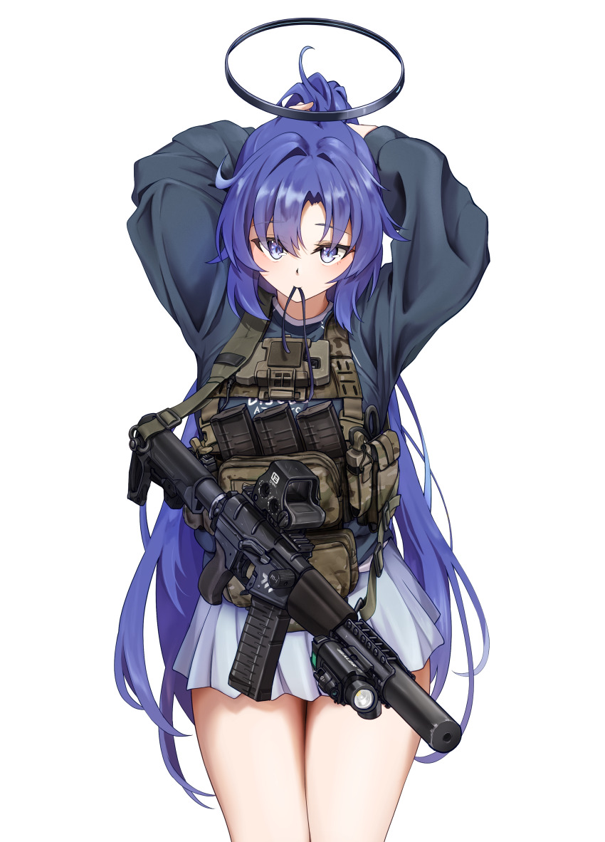 1girl absurdres adjusting_hair ammunition_pouch arms_up as_val assault_rifle black_halo black_sweater blue_archive clov3r commentary_request cowboy_shot eotech grey_skirt gun gun_sling hair_between_eyes halo highres kalashnikov_rifle korean_commentary legs_together load_bearing_vest long_hair long_sleeves looking_at_viewer magazine_(weapon) mechanical_halo mouth_hold pleated_skirt ponytail pouch puffy_long_sleeves puffy_sleeves purple_eyes purple_hair ribbon ribbon_in_mouth rifle simple_background skirt solo standing suppressor sweater tying_hair very_long_hair weapon white_background yuuka_(blue_archive)