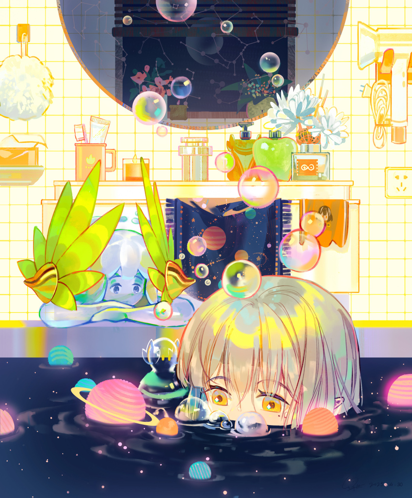 1girl absurdres arknights ball bath bath_bomb bathing bathroom brown_hair bubble commentary constellation crown cup electrical_outlet elf flower hair_dryer highres indoors laurel_crown lyuqiu mirror mole mole_under_eye mouth_submerged mouth_under_water muelsyse_(arknights) orange_eyes partially_submerged plastic_bottle pointy_ears rhine_lab_logo shampoo_bottle soap_bottle soap_bubbles toothbrush toothpaste towel unworn_crown white_flower