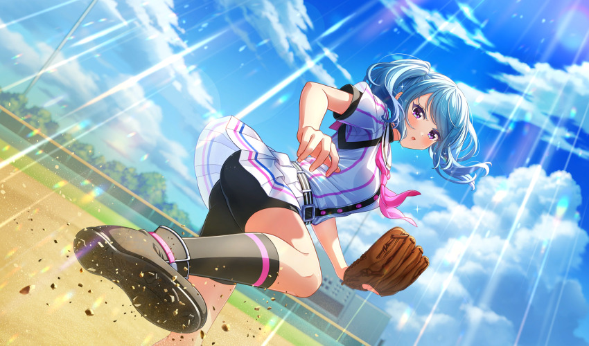 1girl ass asymmetrical_bangs baseball baseball_glove baseball_stadium baseball_uniform belt belt_buckle bike_shorts_under_skirt black_belt black_gloves black_shorts black_undershirt blue_eyes blue_hair blurry blush buckle cinderella_series cloud day depth_of_field dust_cloud dutch_angle fingerless_gloves foot_out_of_frame game_cg gloves hachigatsu_no_cinderella_nine highres light_blue_hair light_rays looking_at_viewer mizuhara_asumi neckerchief non-web_source official_art outdoors parted_lips pink_neckerchief pitching playing_sports pleated_skirt satogahama_baseball_uniform scoreboard shirt shirt_under_shirt short_sleeves shorts skirt sky solo sportswear striped_belt striped_clothes striped_shirt sunbeam sunlight sweat twintails v-shaped_eyebrows vertical-striped_clothes vertical-striped_shirt wristband