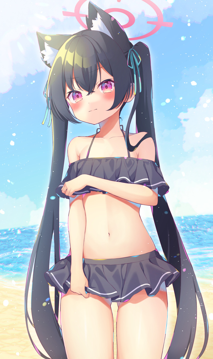1girl :| absurdres animal_ear_fluff animal_ears bare_shoulders beach bikini bikini_skirt black_bikini black_hair blue_archive blue_sky blush closed_mouth clothes_grab cloud collarbone cowboy_shot crossed_bangs day erunoto frilled_bikini frills gluteal_fold hair_between_eyes hair_ribbon halo halterneck hand_up highres horizon long_hair navel ocean off-shoulder_bikini off_shoulder outdoors pink_eyes pleated_skirt red_halo ribbon serika_(blue_archive) skirt skirt_grab sky solo standing straight_hair swimsuit twintails v-shaped_eyebrows very_long_hair