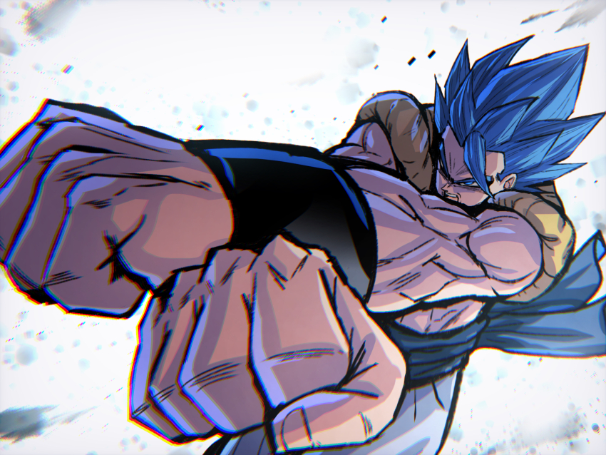 1boy aqua_sash blue_eyes blue_hair bracer chiro_illust chromatic_aberration clenched_hands commentary_request crossed_arms dragon_ball dragon_ball_super dragon_ball_super_broly floating_clothes floating_hair gogeta highres imminent_attack male_focus metamoran_vest muscular muscular_male open_mouth pants partial_commentary scene_reference short_hair single_bang solo spiked_hair super_saiyan super_saiyan_blue white_background white_pants