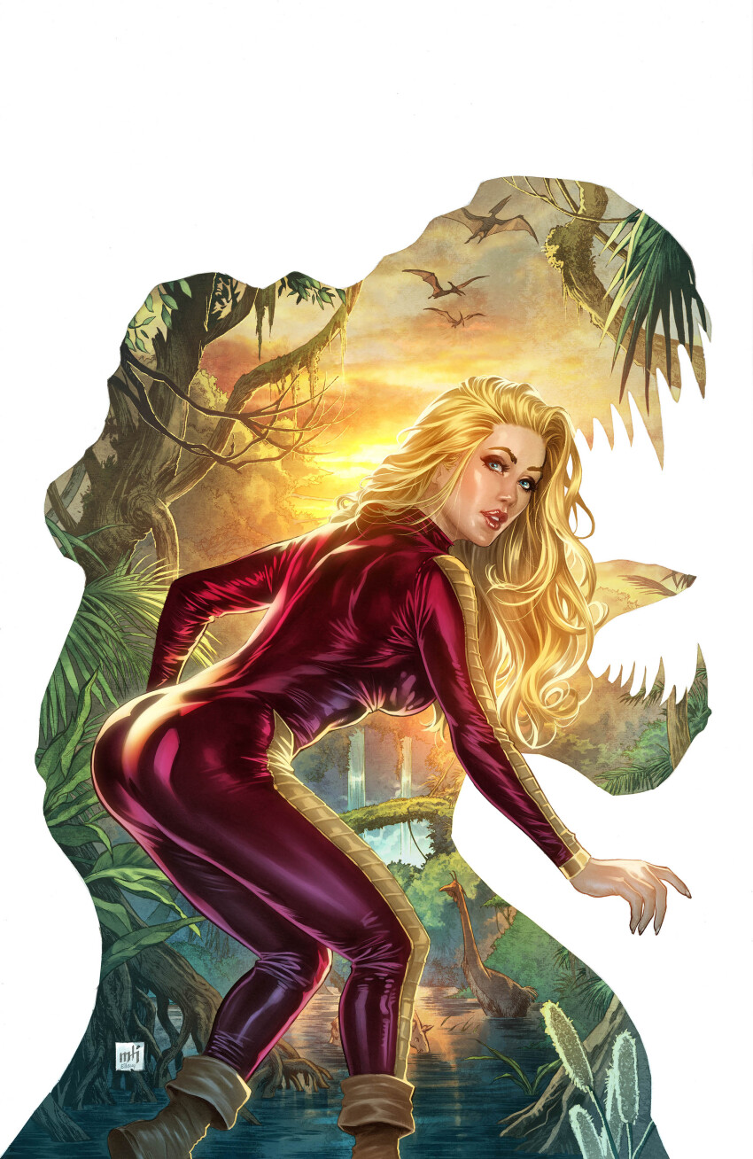 1girl absurdres ass background_request barbarella barbarella_(comics) blonde_hair blue_eyes bodysuit boots brown_boots highres jungle long_hair looking_at_viewer mike_krome nature outdoors red_bodysuit river tree