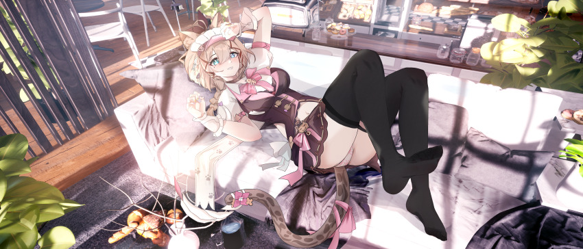 1girl absurdres animal_ears black_jacket black_skirt black_thighhighs blue_eyes braid breasts brown_hair cat_ears cat_girl cat_tail chinese_commentary commentary couch donut feet food green_eyes hair_between_eyes heterochromia highres honkai_(series) honkai_impact_3rd indoors jacket jar legs lying maid_headdress medium_breasts medium_hair midriff_peek navel no_shoes on_back on_couch panties pantyshot pardofelis pardofelis_(meowtose_macchiato) paw_panties paw_pose paw_print photo_background pillow plant puffy_short_sleeves puffy_sleeves shirt short_sleeves siroka skirt soles solo tail thighhighs toes twin_braids underwear white_panties white_shirt wooden_floor