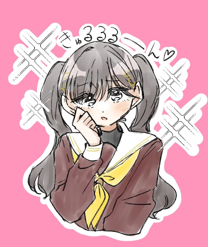 1girl alternate_hairstyle blush brown_dress commentary_request cropped_torso dress embarrassed grey_hair hair_ornament hand_on_own_cheek hand_on_own_face hasu_no_sora_school_uniform heart highres katsuragi_izumi link!_like!_love_live! long_hair long_sleeves looking_at_viewer love_live! neckerchief open_mouth outline pink_background puripuri_hurai sailor_collar sailor_dress school_uniform simple_background solo sparkle spoken_heart triangle_hair_ornament twintails virtual_youtuber white_outline white_sailor_collar winter_uniform yellow_neckerchief