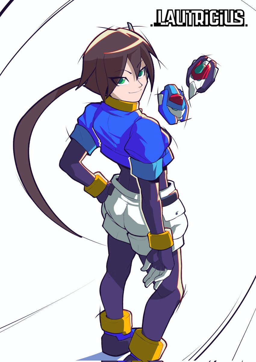 1girl aile_(mega_man_zx) artist_name biometal black_bodysuit blue_jacket bodysuit bodysuit_under_clothes brown_hair commentary corrupted_twitter_file cropped_jacket english_commentary foot_out_of_frame from_behind green_eyes highres jacket lautricius long_hair looking_at_viewer looking_back mega_man_(series) mega_man_zx mega_man_zx_advent model_x_(mega_man) model_z_(mega_man) ponytail shorts simple_background solo white_background white_shorts