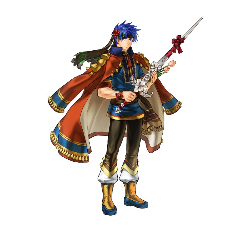 1boy absurdres blue_eyes blue_hair coat coat_on_shoulders commentary_request fire_emblem fire_emblem:_path_of_radiance fire_emblem_heroes flower full_body headband highres holding holding_sword holding_weapon ike_(fire_emblem) ike_(valentine)_(fire_emblem) kita_senri looking_at_viewer male_focus nintendo official_art short_hair simple_background solo standing sword two-sided_fabric weapon white_background