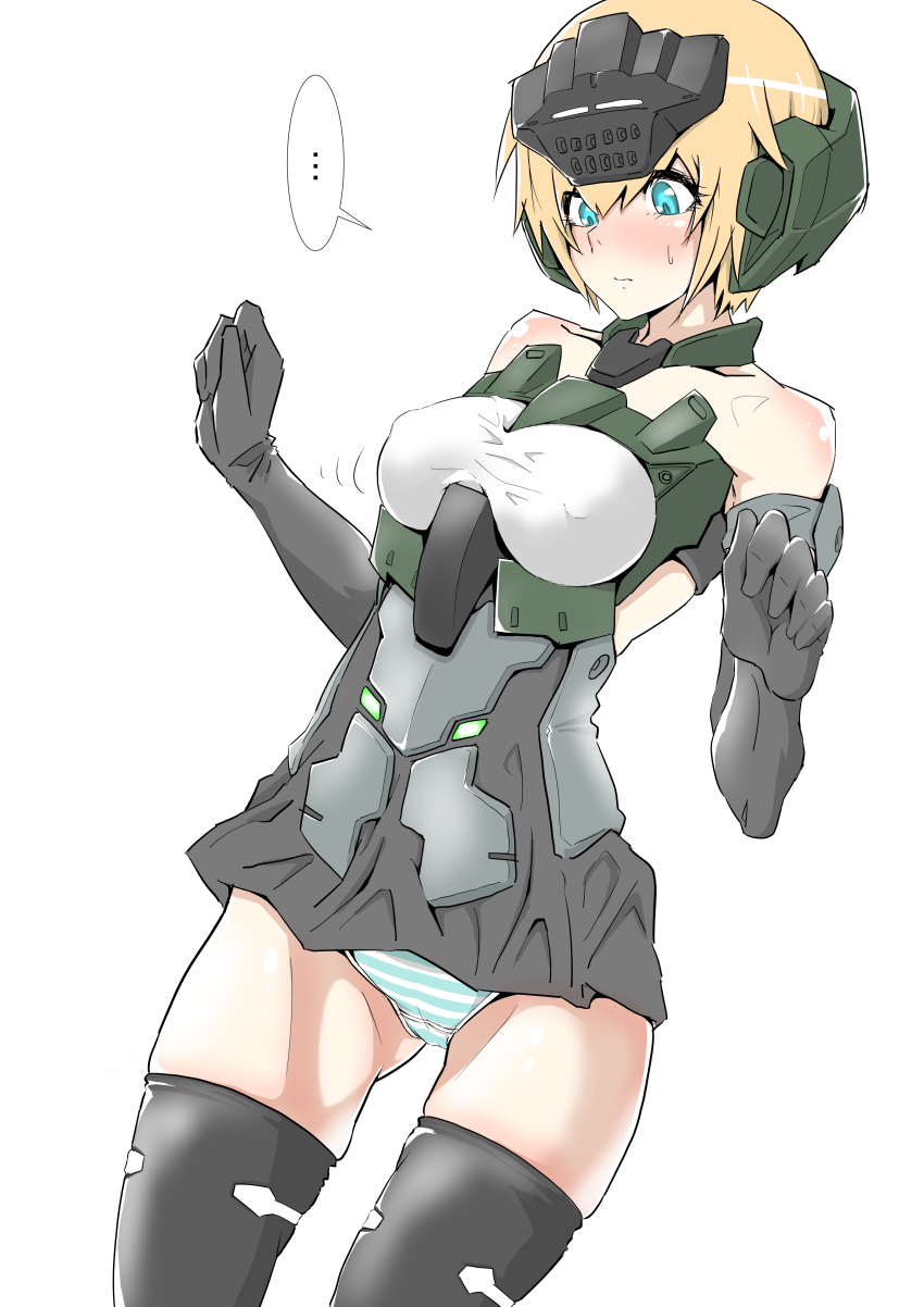 ... 1girl absurdres bare_shoulders blonde_hair blue_eyes blush bodysuit bouncing_breasts breasts covered_erect_nipples elbow_gloves frame_arms_girl gloves gluteal_fold gourai highres kimuwaipu looking_down medium_breasts panties short-haired_girl_(osomatsu-san) short_hair skindentation solo striped_clothes striped_panties sweatdrop thighhighs thighs underwear white_background