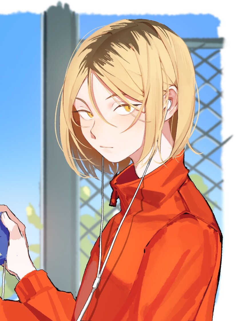 1boy androgynous bishounen blue_background blue_sky border chain-link_fence closed_mouth day earphones fading_border fence gradient_background haikyuu!! hair_between_eyes half-closed_eyes highres hireath_21 jacket kozume_kenma light_smile long_sleeves looking_at_viewer looking_to_the_side male_focus multicolored_hair outdoors red_jacket red_track_suit roots_(hair) short_hair sky solo track_suit upper_body white_border yellow_eyes