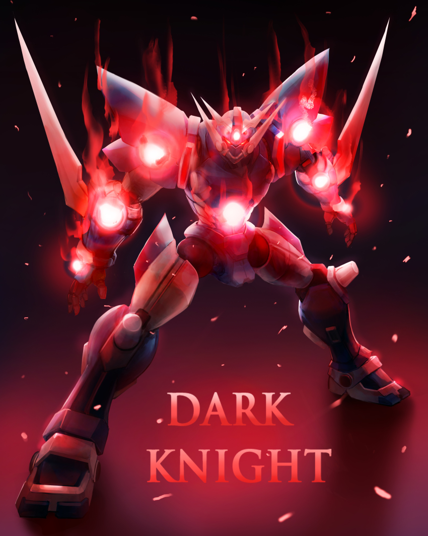 absurdres arm_blade black_background english_text glowing glowing_crystal highres mecha no_humans red_eyes robot soulgain sterben super_robot_wars super_robot_wars_advance v-fin weapon