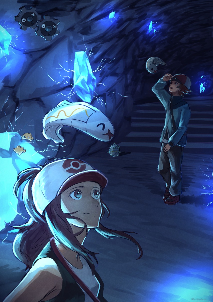 1boy 1girl ^_^ absurdres arm_at_side arm_up bare_shoulders baseball_cap black_vest brown_hair cave closed_eyes closed_mouth commentary_request crystal electricity ferroseed flipped_hair floating gen_5_pokemon glowing glowing_crystal hand_on_headwear hat high_ponytail highres hilbert_(pokemon) hilda_(pokemon) jacket joltik klink long_hair long_sleeves looking_at_another looking_up nintendo open_mouth pants pokemon pokemon_(creature) pokemon_bw ponytail shirt shoes short_hair sidelocks sleeveless sleeveless_shirt smile stairs standing tynamo vest w-moz9-w white_shirt