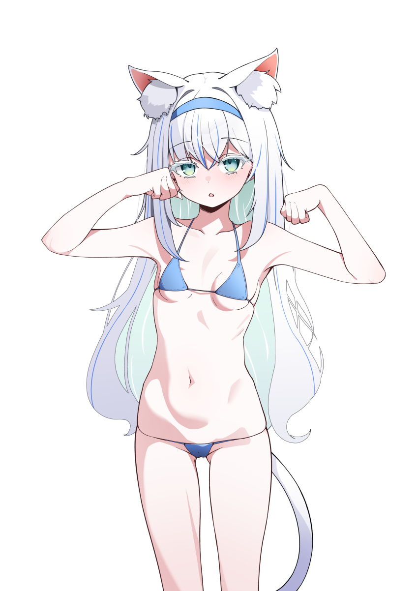 1girl absurdres animal_ears bikini blue_bikini blue_hair blue_hairband breasts cat_ears cat_girl cat_tail green_eyes green_hair hairband highres long_hair looking_at_viewer multicolored_hair navel original paw_pose schwarz_rubin simple_background small_breasts stomach swimsuit tail white_background white_hair