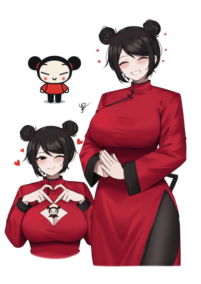 1boy 1girl absurdres between_breasts black_eyes black_hair black_pants blush blush_stickers breasts china_dress chinese_clothes cleavage cleavage_cutout closed_eyes closed_mouth clothing_cutout commentary cropped_legs cropped_torso double_bun dress eyeliner garu hair_bun hair_tie hands_up heart heart_hands highres large_breasts long_sleeves looking_at_viewer loving_aura makeup mini_person miniboy multiple_views one_eye_closed own_hands_together pants parted_bangs person_between_breasts pucca pucca_(cartoon) red_dress red_eyeliner shanghai_neckline short_hair signature simple_background smile swept_bangs white_background yukaraishin