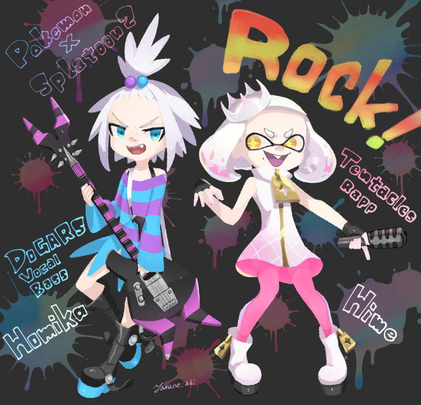 2girls :d aki_yamane arm_at_side artist_name bare_arms bare_shoulders bass_guitar black_gloves blue_eyes boots character_name commentary_request copyright_name crossover crown dress fang fingerless_gloves freckles full_body gloves green_hair guitar hair_bobbles hair_ornament hand_up headphones high_collar highres holding holding_instrument holding_microphone inkling instrument long_sleeves looking_at_another looking_at_viewer looking_to_the_side microphone mole mole_under_mouth multicolored_hair multiple_girls nintendo off-shoulder_dress off_shoulder open_mouth outstretched_arm paint_splatter pantyhose pearl_(off_the_hook_outfit)_(splatoon) pearl_(splatoon) pink_hair pink_pantyhose platform_boots pokemon pokemon_bw2 roxie_(pokemon) short_dress short_hair sleeveless sleeveless_dress smile splatoon_(series) splatoon_2 standing striped_clothes striped_dress tentacle_hair topknot trait_connection two-tone_hair v-shaped_eyebrows white_dress white_hair yellow_eyes zipper