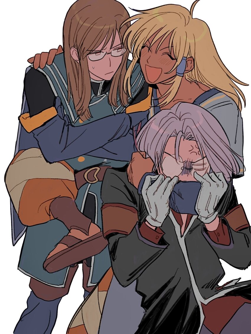 0hyszgzg7k23634 3boys anger_vein arm_around_neck black_jacket blonde_hair blue_cape blue_gloves blue_jacket blue_tunic boots brown_boots brown_hair cape closed_eyes closed_mouth crossed_arms dark-skinned_male dark_skin dist_(tales) elbow_gloves feet_out_of_frame glasses gloves hand_on_another&#039;s_shoulder highres hug jacket jade_curtiss long_hair looking_at_another male_focus multiple_boys open_mouth peony_ix purple_hair short_hair sidelocks tales_of_(series) tales_of_the_abyss tunic white_background white_gloves