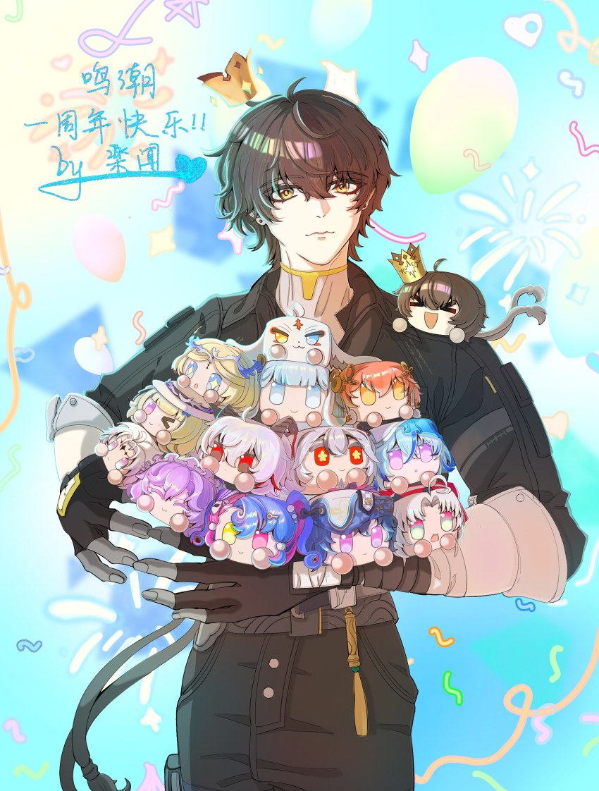 1boy abby_(wuthering_waves) absurdres bad_anatomy bad_hands black_gloves black_hair black_jacket black_pants brant_(wuthering_waves) calcharo_(wuthering_waves) camellya_(wuthering_waves) cantarella_(wuthering_waves) carlotta_(wuthering_waves) cartethyia_(wuthering_waves) changli_(wuthering_waves) chinese_commentary closed_mouth commentary commentary_request english_commentary gloves hair_between_eyes hair_ribbon highres holding jacket jinhsi_(wuthering_waves) korean_commentary le_wen looking_at_viewer male_focus male_rover_(wuthering_waves) mixed-language_commentary objectification pants phoebe_(wuthering_waves) ribbon roccia_(wuthering_waves) rover_(wuthering_waves) shorekeeper_(wuthering_waves) sleeves_rolled_up smile solo translation_request wuthering_waves yellow_eyes yellow_ribbon zani_(wuthering_waves)