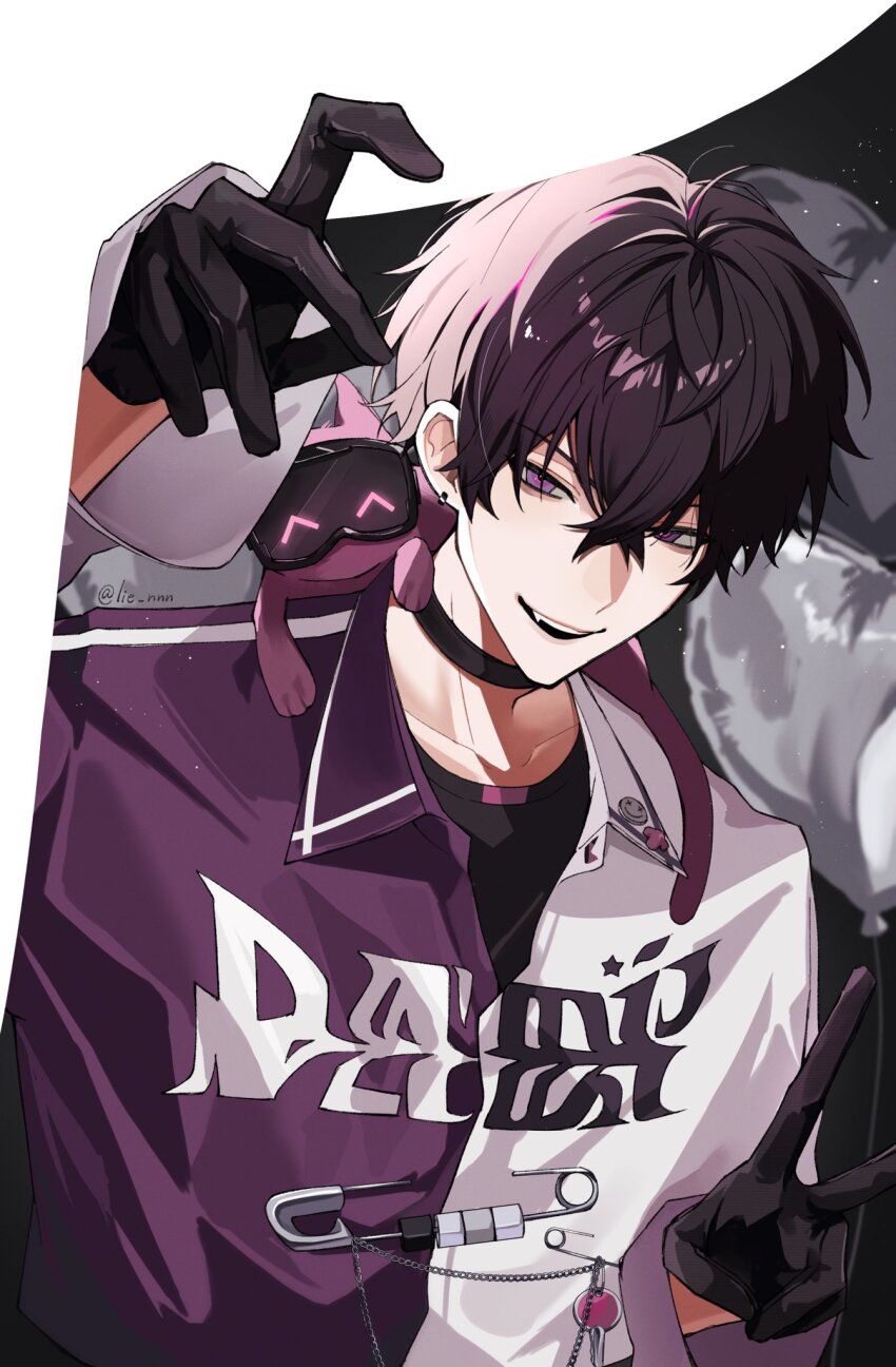 1boy antenna_hair arm_up artist_name balloon black_choker black_gloves black_hair black_shirt chain choker collarbone collared_shirt crossed_bangs earrings fang gloves hair_between_eyes hand_up hashtag-only_commentary heart_balloon highres jewelry lie_nnn long_sleeves looking_at_viewer male_focus nijisanji on_shoulder open_mouth print_shirt purple_eyes purple_shirt safety_pin saiki_ittetsu saiki_ittetsu_(1st_costume) shirt short_hair smile solo teeth twitter_username two-tone_shirt undershirt upper_body upper_teeth_only v v-shaped_eyebrows virtual_youtuber white_shirt